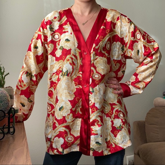Red & White Roses Silky Robe Blouse VINTAGE - Picture 2 of 9